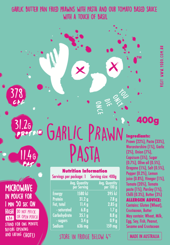 YODO Returning Jan 29th Garlic Prawn Pasta (377 cal)